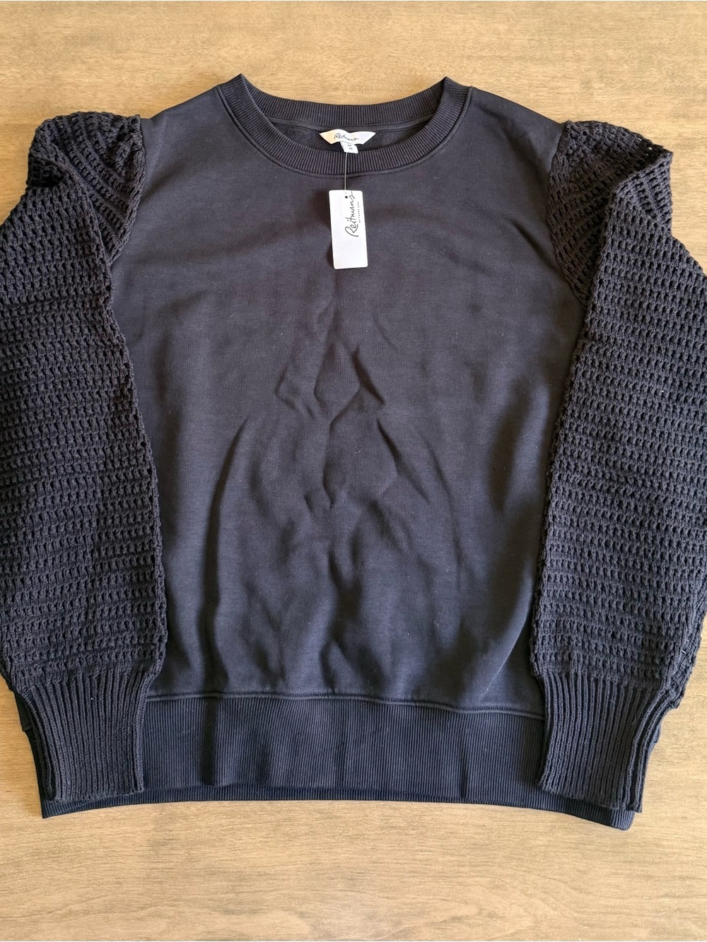 Reitmans Black Crewneck Sweater with Textured Knit Sleeves